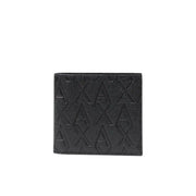 Black leather Armani Exchange men wallet with embossed repeating ax logo pattern in polyester ID design