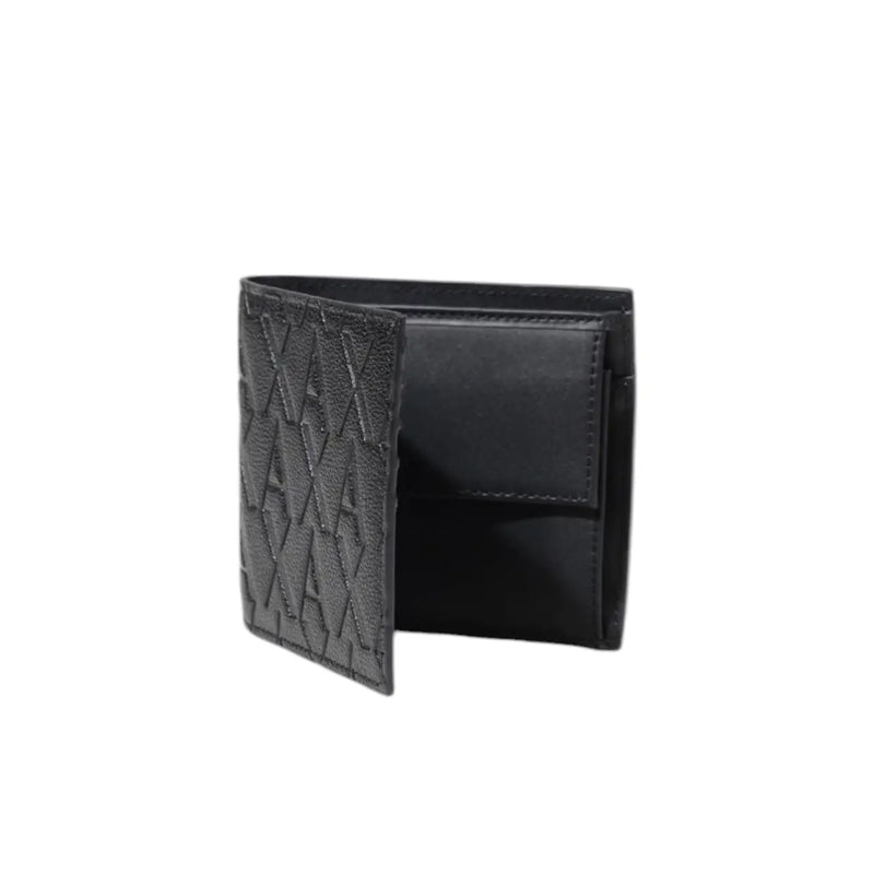 Armani Exchange men wallet black polyester with black leather exterior embossed geometric pattern visible