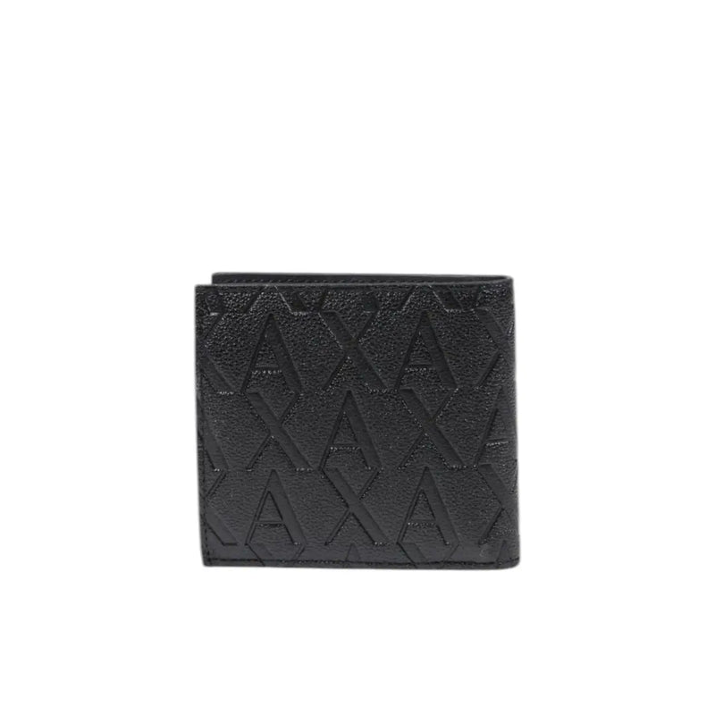Black leather Armani Exchange men wallet with embossed repeating ax logo pattern made of polyester for ID storage