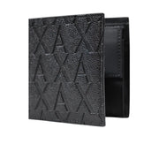 Black textured armani exchange men wallet with embossed axa logo pattern in polyester material