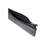Black leather armani exchange men wallet with zipper closure and embossed logo lining polyester 13x7x1.5 cm