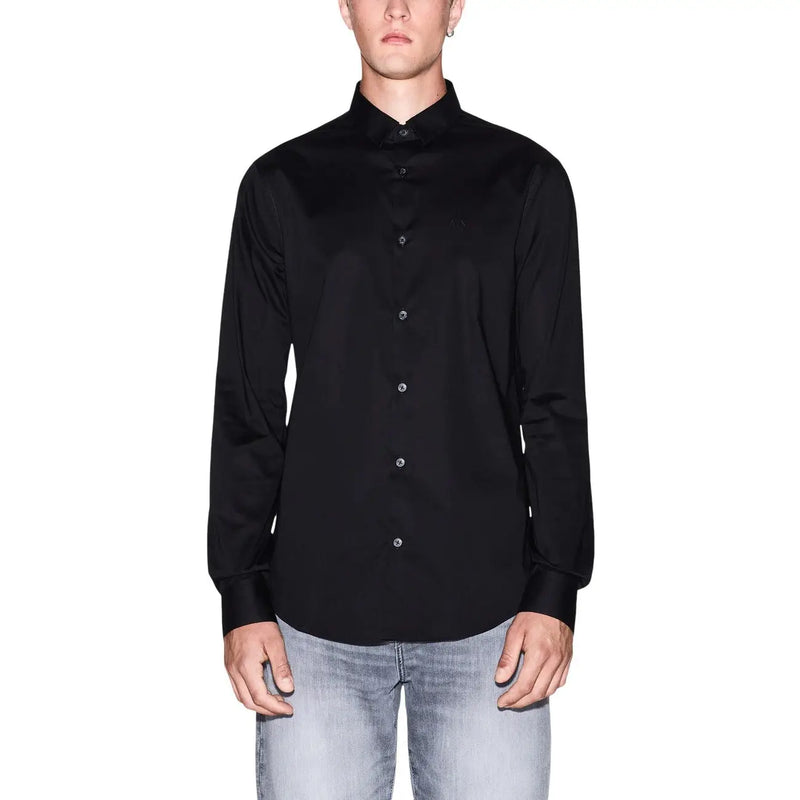 Armani Exchange men shirt black long-sleeved button-down with subtle sheen and silver buttons in refined fabric