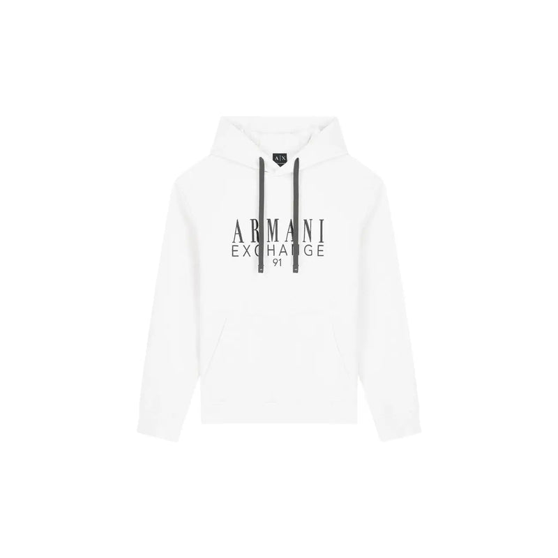 Armani Exchange Sweat à capuche blanc en coton pour homme avec cordons de serrage noirs et inscription audacieuse armani exchange Logo 91 sur la poitrine