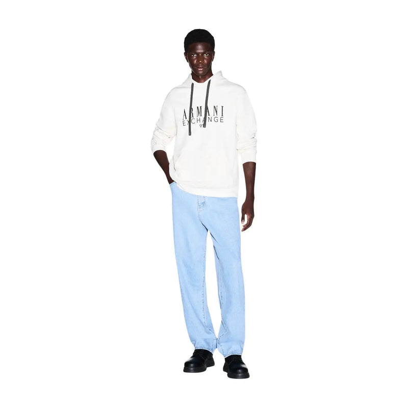 Armani Exchange Sweat à capuche blanc en coton pour homme, avec cordons de serrage noirs couleur crème et logo bien visible sur la poitrine