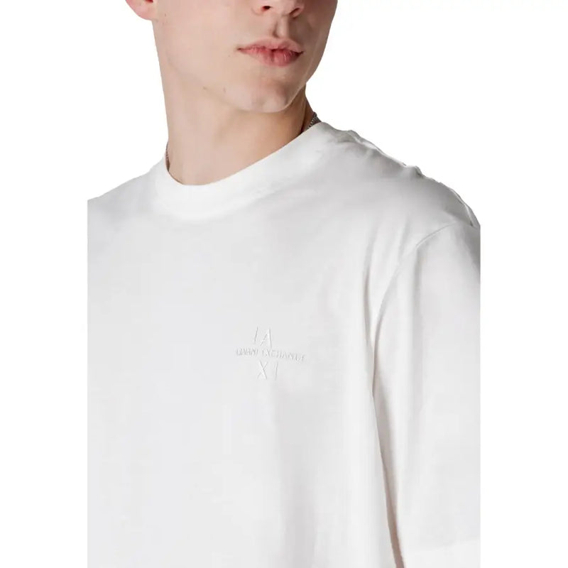 Armani Exchange men white cotton short sleeve round neck t shirt with subtle embroidered logo on the chest