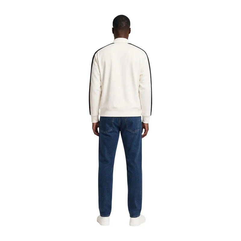 Armani Exchange Sweat-shirt blanc en coton pour homme avec poche, veste de survêtement couleur crème et manches à rayures noires.
