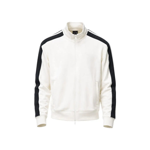 Armani Exchange Veste de survêtement zippée en coton blanc pour homme, avec bandes noires sur les manches et logo discret sur la poitrine