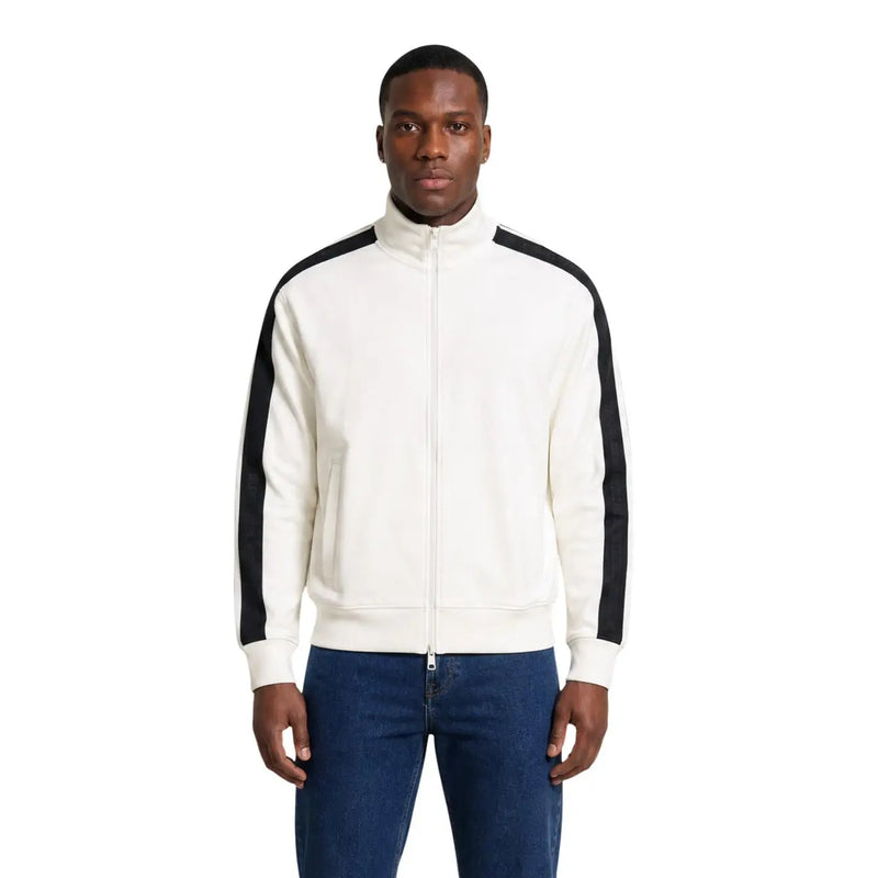 Armani Exchange Sweat-shirt blanc en coton pour homme avec poche et veste de survêtement zippée crème à rayures noires contrastantes