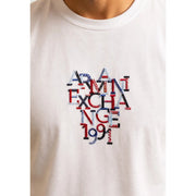 Armani exchange T-shirt blanc en coton pour homme avec logo brodé multicolore rouge, bleu et noir sur le devant