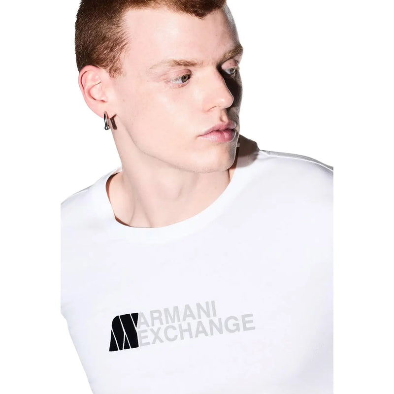 Armani Exchange T-shirt blanc en coton pour homme, col rond, avec logo imprimé noir et gris sur le devant