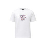 Armani exchange T-shirt blanc en coton pour homme, orné d'un imprimé graphique coloré en superposition et de l'inscription « Admin Exchange 199 » en rouge et bleu.