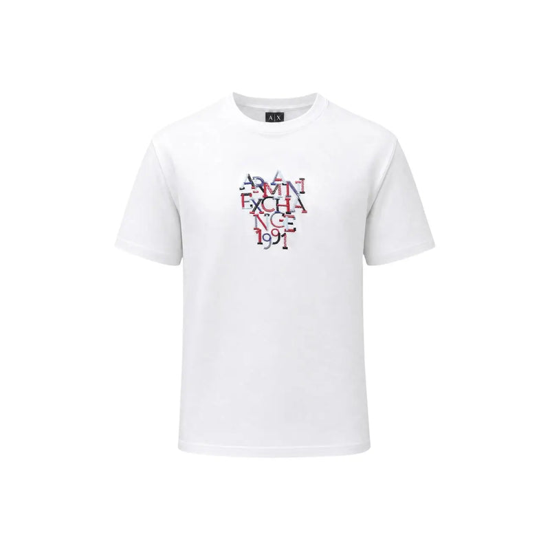 Armani exchange T-shirt blanc en coton pour homme, orné d'un imprimé graphique coloré en superposition et de l'inscription « Admin Exchange 199 » en rouge et bleu.