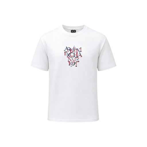 Armani exchange T-shirt blanc en coton pour homme, orné d'un imprimé graphique coloré en superposition et de l'inscription « Admin Exchange 199 » en rouge et bleu.