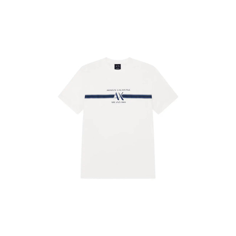 Armani Exchange T-shirt homme en coton blanc avec rayures horizontales bleu marine et logo centré sur la poitrine