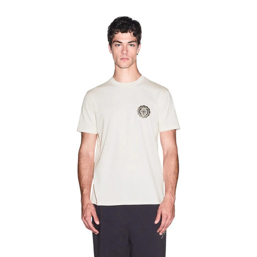 Armani Exchange T-shirt homme en coton blanc crème avec logo circulaire brodé discret sur la poitrine gauche