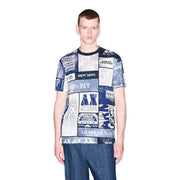 Armani Exchange T-shirt blanc en coton pour homme avec imprimé graphique bleu et blanc. Armani Exchange image de marque