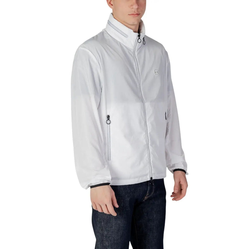 Armani Exchange Blazer blanc zippé pour homme en polyester, coupe veste légère, empiècements gris et tirettes de fermeture éclair noires