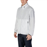 Armani Exchange Blazer blanc zippé pour homme en polyester, avec un design color-block discret et des tirettes de fermeture éclair noires.