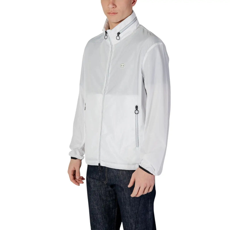 Armani Exchange Blazer blanc zippé pour homme en polyester, avec un design color-block discret et des tirettes de fermeture éclair noires.