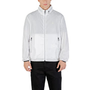 Armani Exchange Blazer blanc zippé pour homme en polyester avec un subtil effet dégradé et des tirettes de fermeture éclair noires.