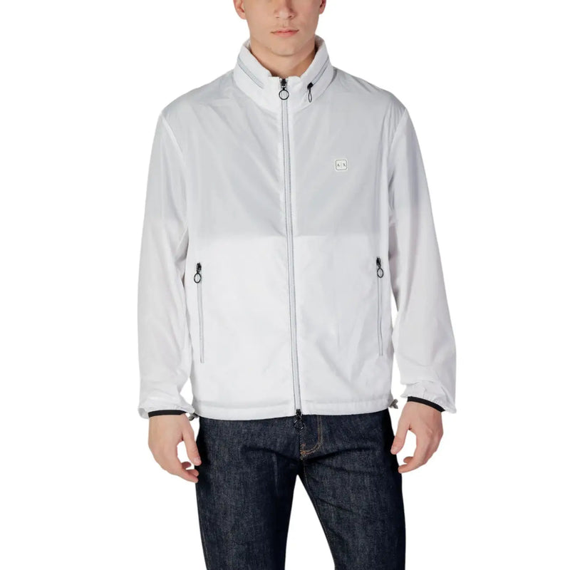 Armani Exchange Blazer blanc zippé pour homme en polyester, avec un design color-block discret et des tirettes de fermeture éclair noires.