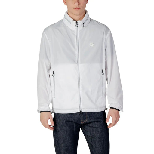 Armani Exchange Blazer blanc zippé pour homme en polyester, avec un design color-block discret et des tirettes de fermeture éclair noires.