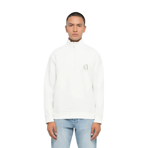 Armani Exchange Sweat-shirt blanc en coton pour homme, à demi-zip, avec un logo brodé discret sur la poitrine et un col roulé.