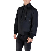 Armani Exchange men zip front black nylon bomber jacket with high collar drawstring hood and white chest logo detailing