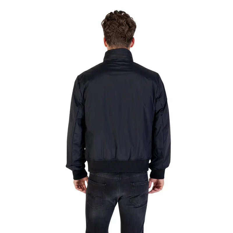 Armani Exchange men zip front black nylon bomber jacket with ribbed cuffs and waistband for fall winter wear