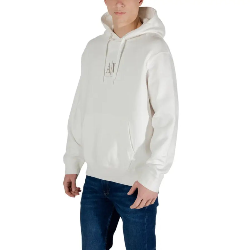 Armani Exchange men’s beige cotton hooded sweatshirt with subtle embroidered logo on the chest