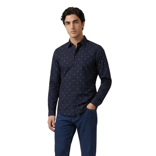 Armani Exchange mens cotton black long sleeve shirt with dark blue fabric and subtle white dot geometric pattern