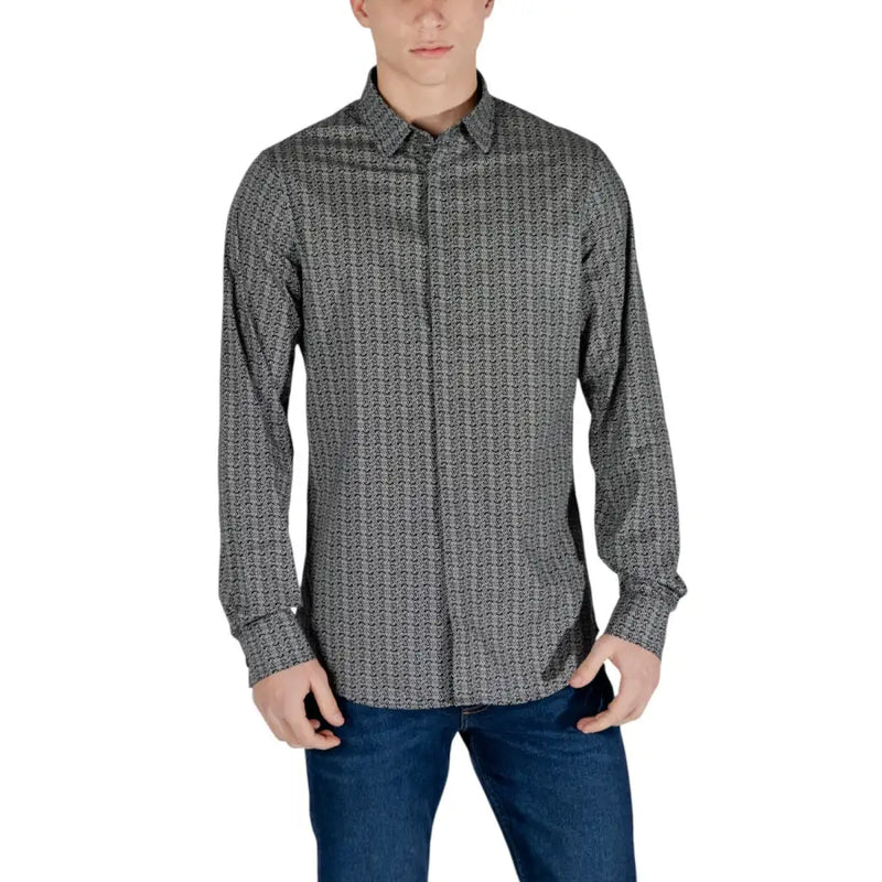 Armani Exchange Chemise noire à manches longues pour homme en coton avec un discret motif géométrique gris foncé