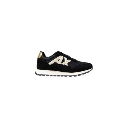 Armani exchange men’s black running sneakers with gold and white logo mesh and suede upper for fall use