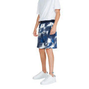 Armani Exchange mens blue and white abstract tie-dye shorts with solid navy waistband in cotton lycra blend