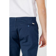 Armani Exchange men’s navy blue textured chino pants with subtle woven pattern and brand tag on back pocket