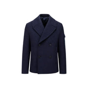 Armani Exchange Blazer bleu marine en laine pour homme, caban croisé bleu marine avec boutons noirs et col structuré