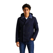 Armani Exchange Blazer en laine bleue pour homme, style caban croisé bleu marine avec capuche et boutons foncés.