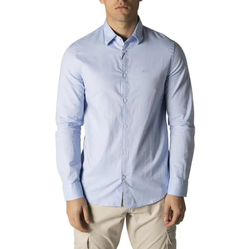 Armani Exchange men’s light blue long-sleeved classic cotton shirt with subtle textured weave and embroidered logo