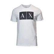 Armani Exchange men’s white cotton t-shirt with bold black rectangular logo featuring white a x lettering and grid pattern