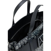 Black armani exchange patterned tote bag with repeating monogram exterior and structured leather handles in black and gray