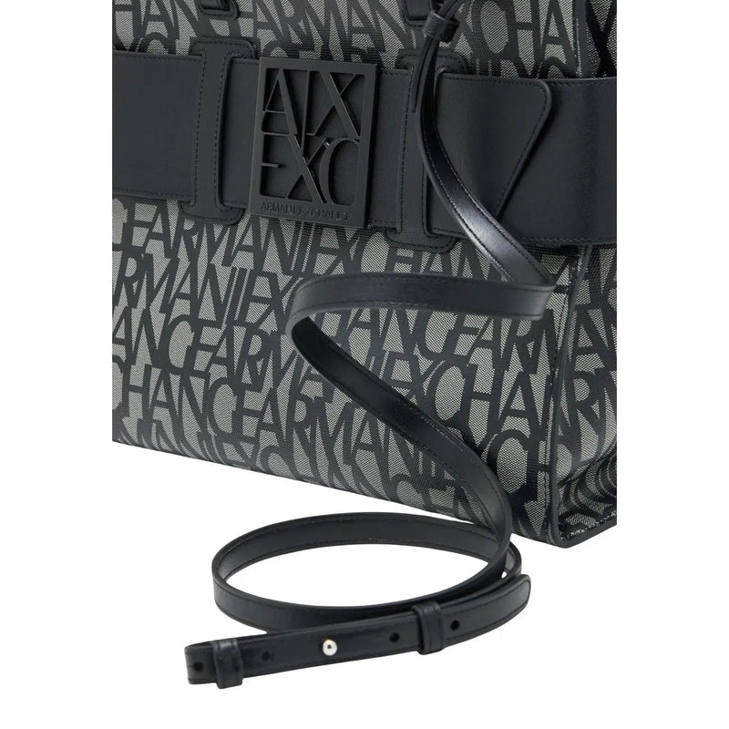 Black Armani Exchange tote bag with repeating monogram pattern and leather straps in black and gray