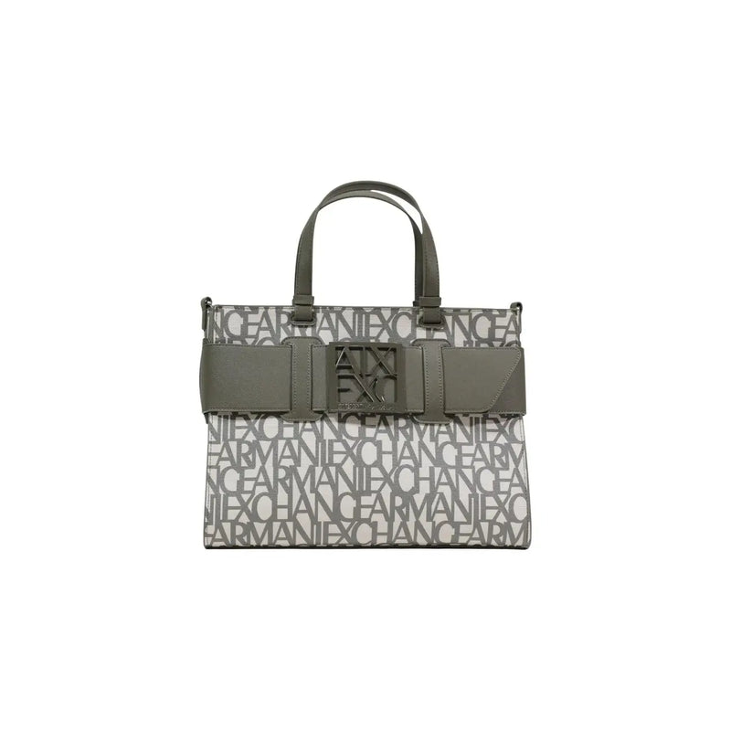 Armani Exchange patterned tote bag in black and gray with olive green handles