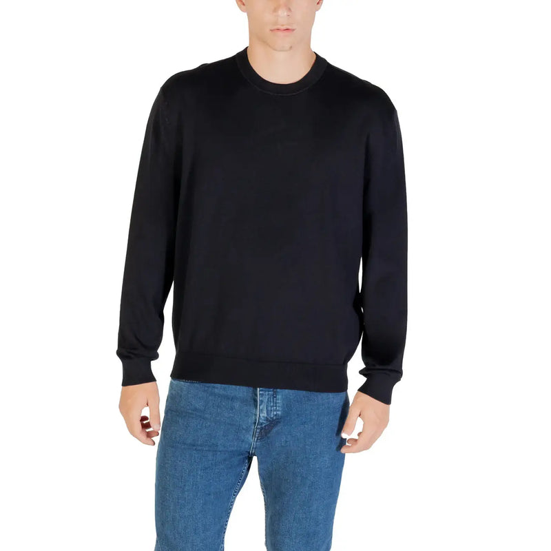 Armani Exchange Sweat-shirt à col rond noir pour homme, avec poignets et ourlet côtelés, vue de face