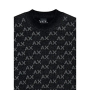 Armani Exchange Pull pour homme noir à motif répété de logo hache argenté, vue de face