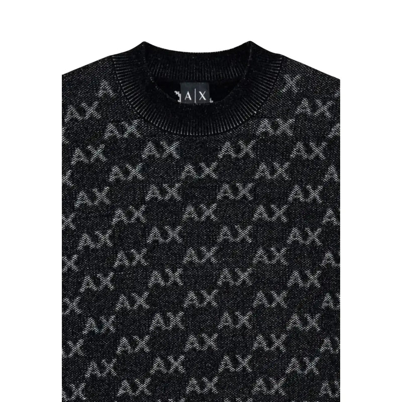 Armani Exchange Pull pour homme noir à motif répété de logo hache argenté, vue de face