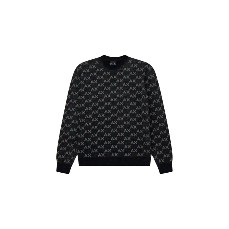 Armani Exchange Pull pour homme noir à motif répété de logo hache argenté, vue de face