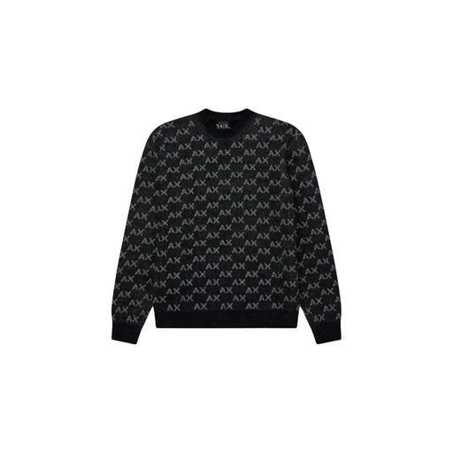 Armani Exchange Pull pour homme noir à motif répété de logo hache argenté, vue de face