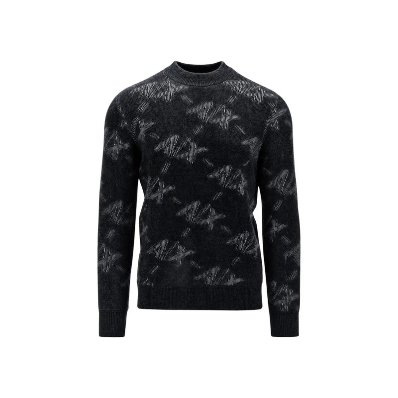 Armani Exchange Pull pour homme en maille noire à motif abstrait gris clair, vue de face