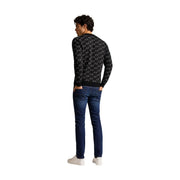 Armani Exchange Pull pour homme en maille noire avec motif répété de logo hache blanc, vue de face