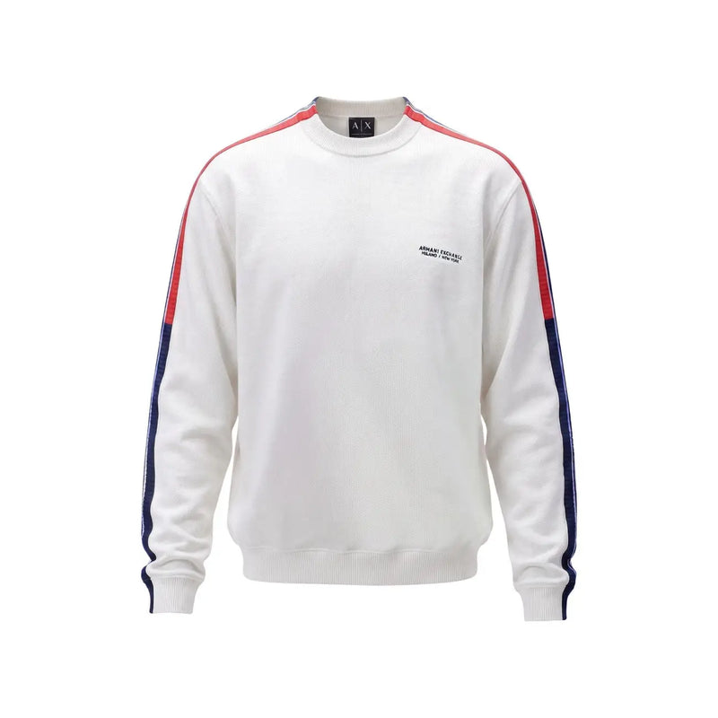 Armani Exchange Pull pour homme blanc à manches rayées rouges et bleu marine, vue de face